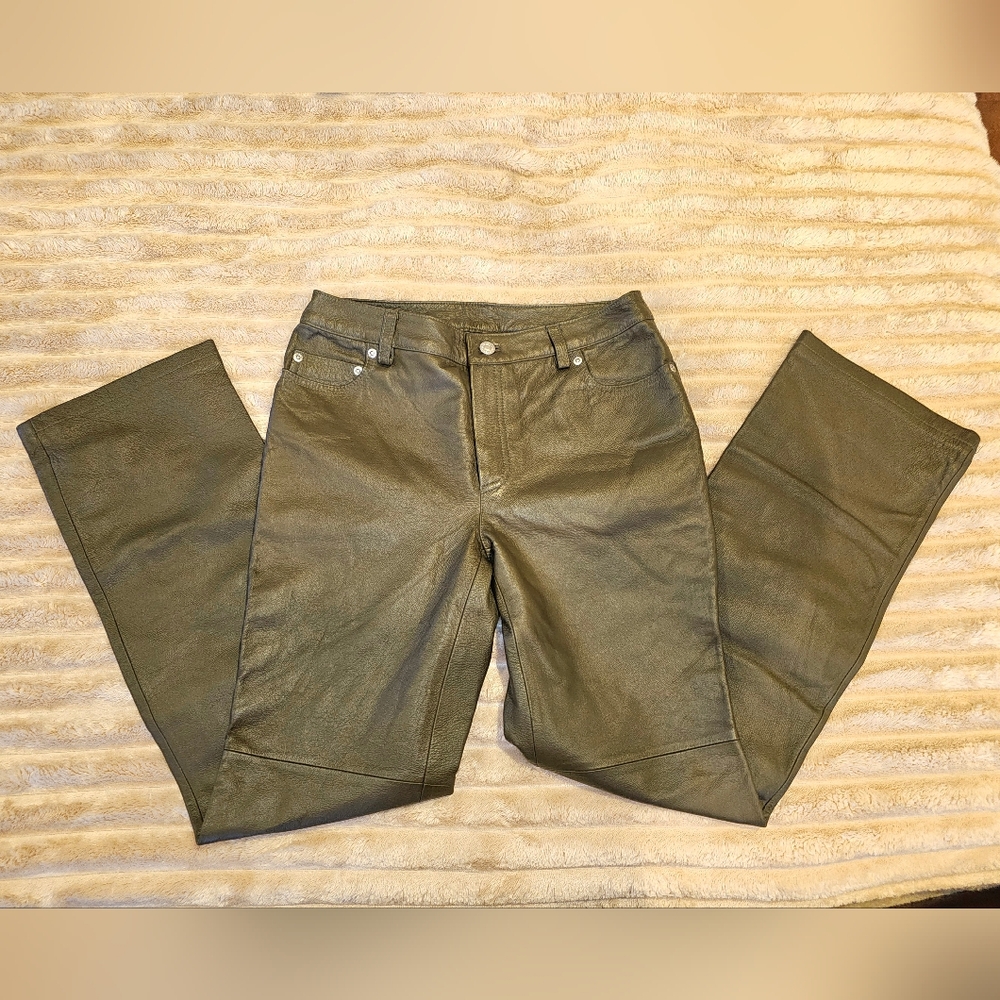💚 Olive-Green Real Leather Pants, Sz 4